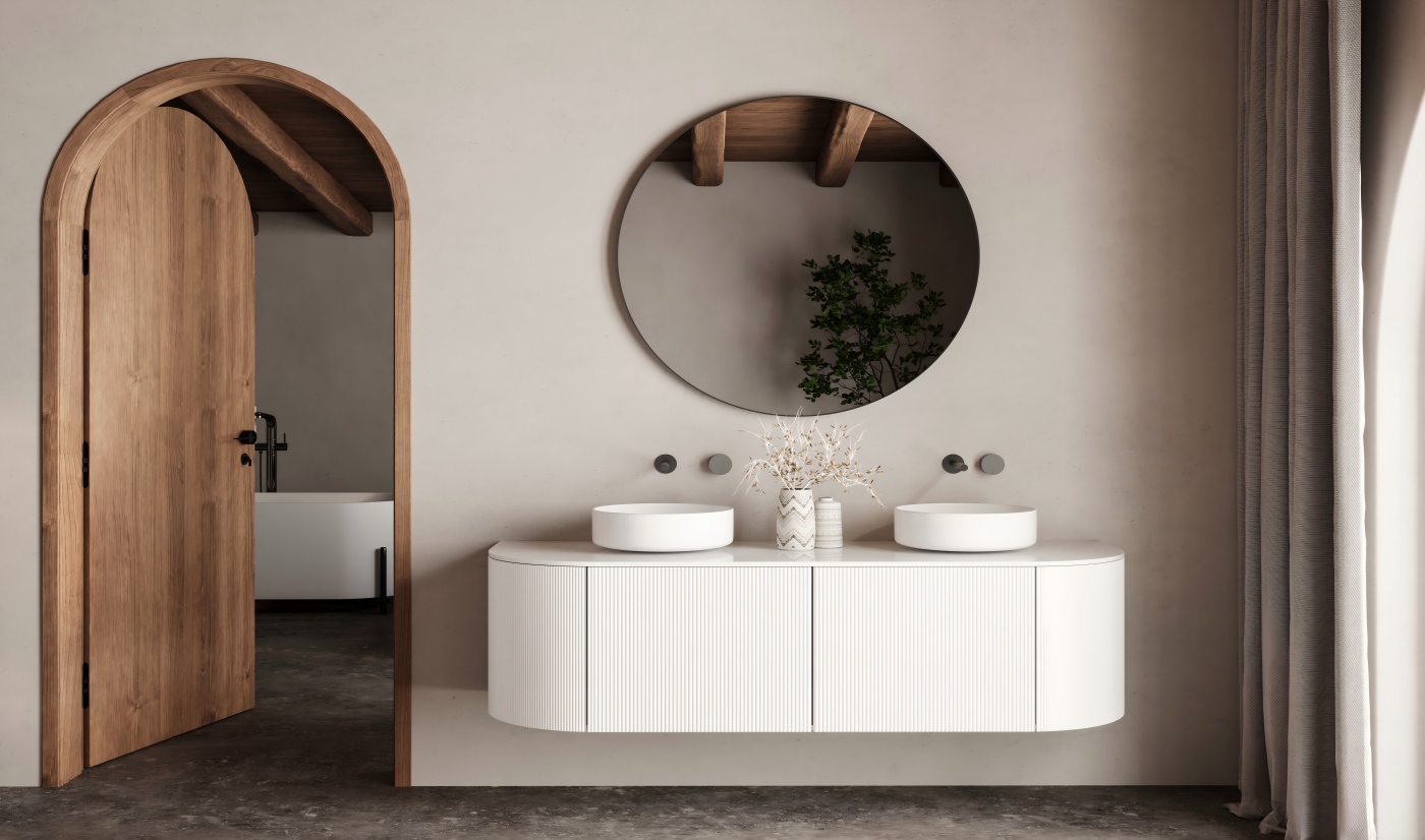 Modern Curved Floating Bathroom Vanity with Custom Storage Solutions