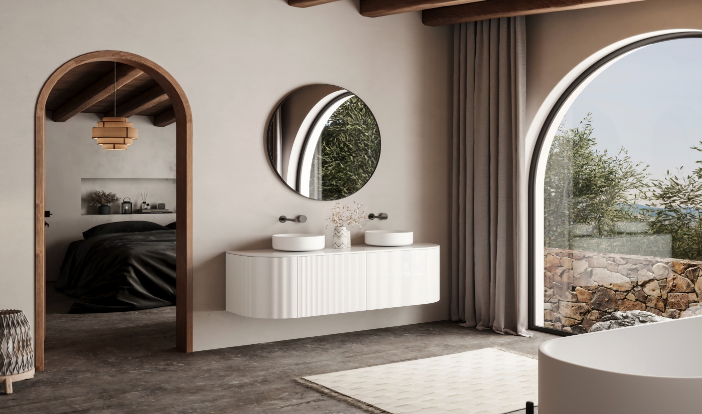 Modern Curved Floating Bathroom Vanity with Custom Storage Solutions