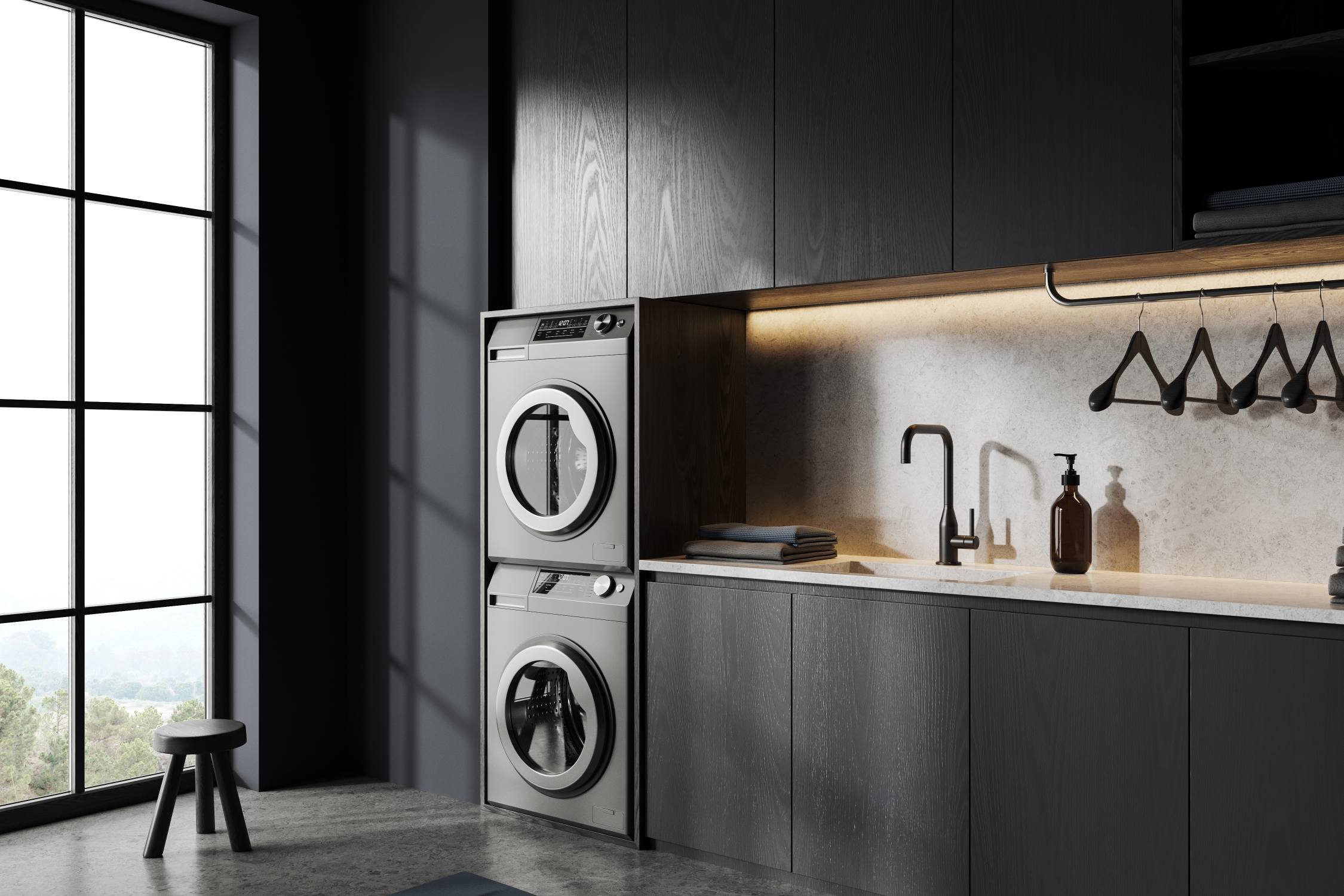 Dark Modern Integrated Laundry Room Cabinet System