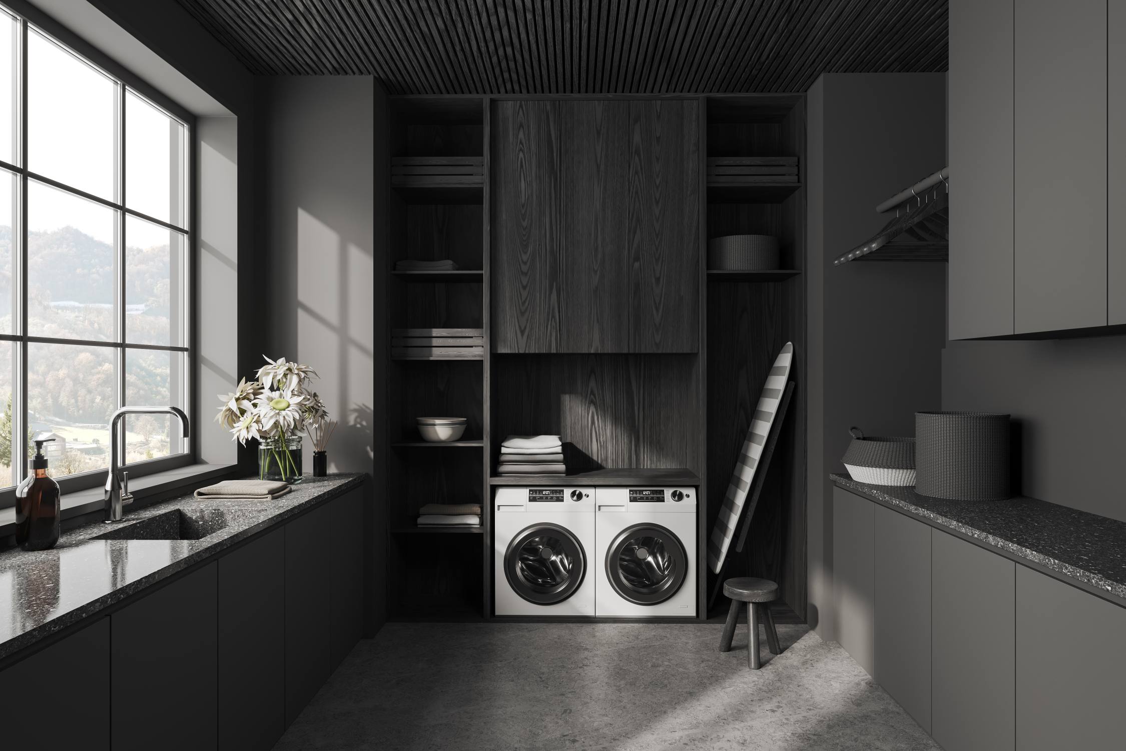 Dark Modern Integrated Laundry Room Cabinet System