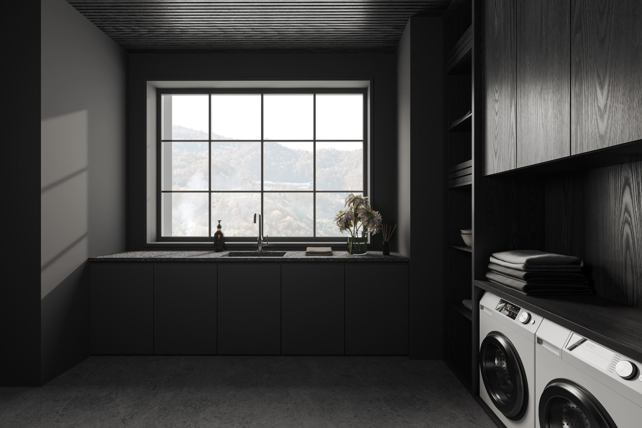 Dark Modern Integrated Laundry Room Cabinet System