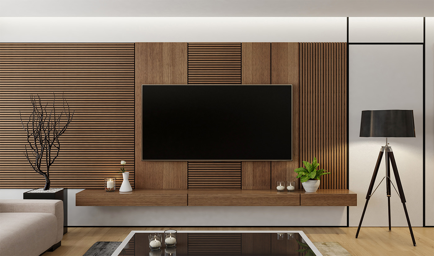 Custom Wood Grain Melamine TV Feature Wall with Floating Entertainment Unit