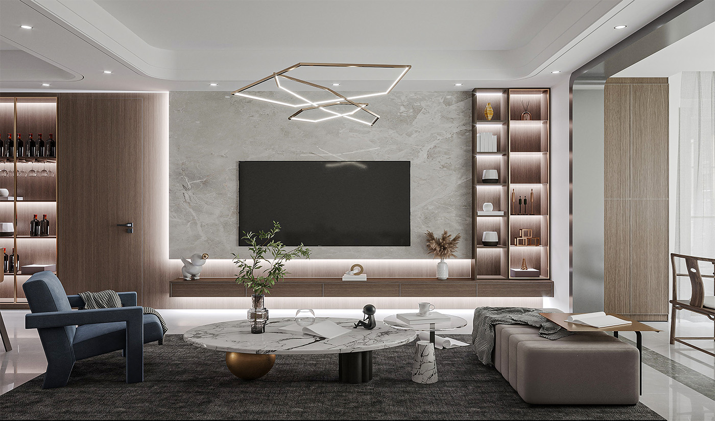 Custom Wood Grain Melamine TV Feature Wall with Floating Entertainment Unit
