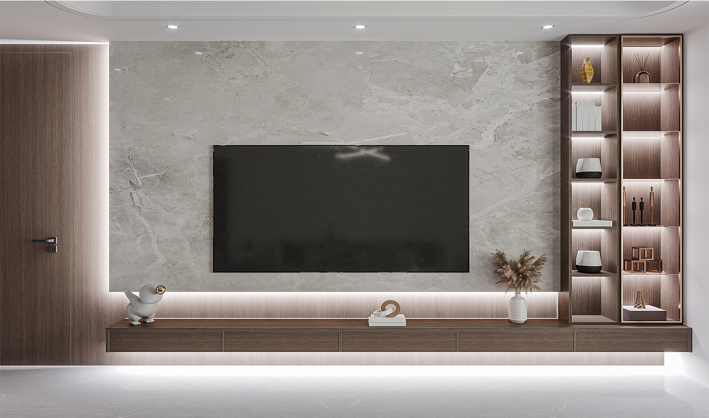 Custom Wood Grain Melamine TV Feature Wall with Floating Entertainment Unit