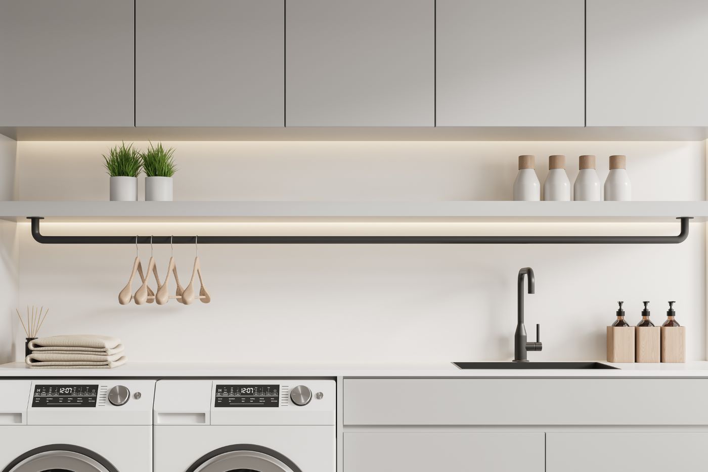 Modern Minimalist Laundry Cabinets with Sleek Built-in Storage & Ambient Lighting