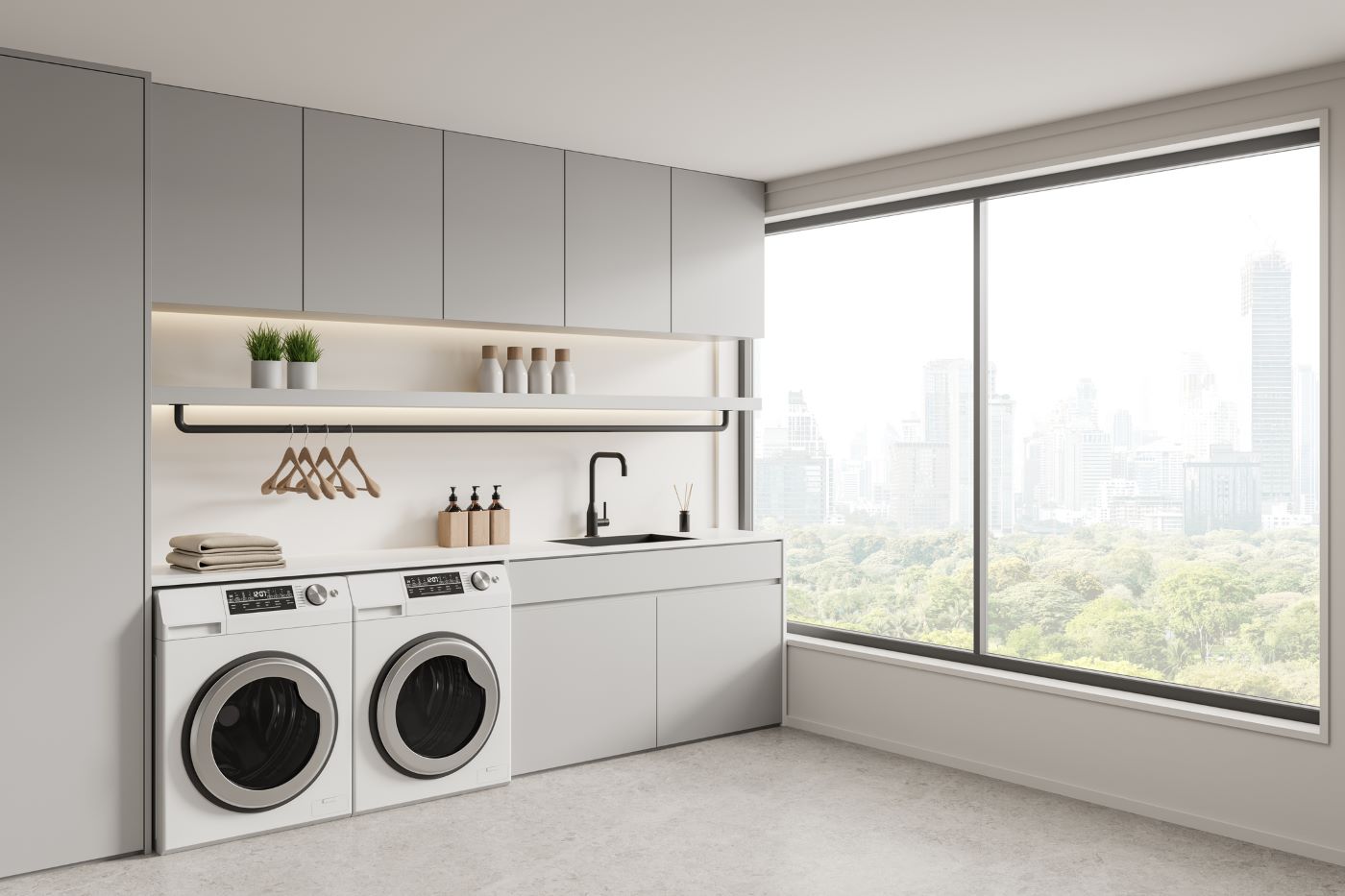 Modern Minimalist Laundry Cabinets with Sleek Built-in Storage & Ambient Lighting