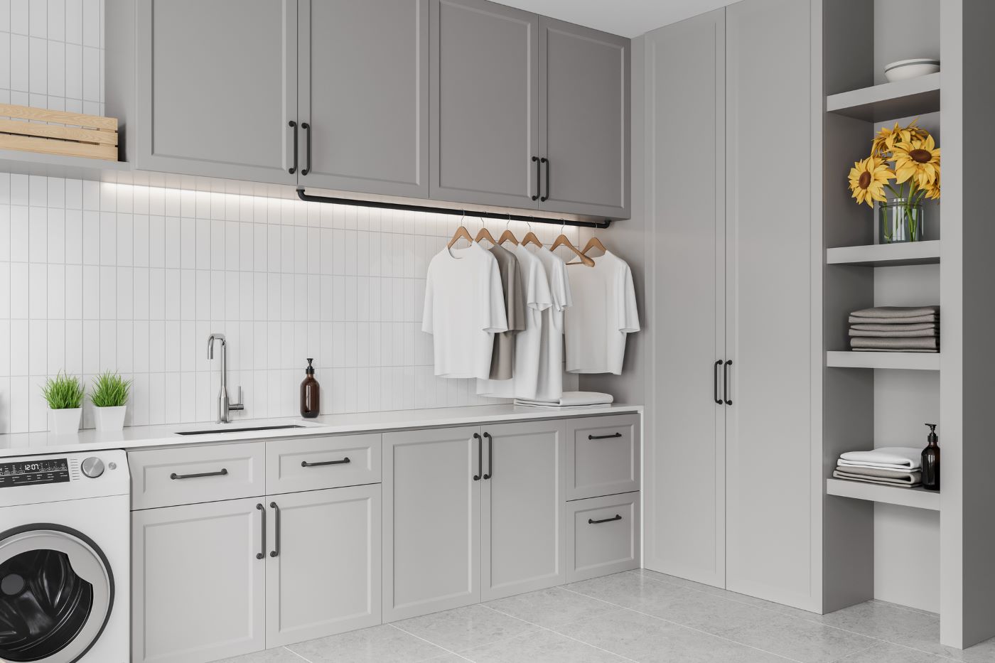 Classic Grey Laundry Cabinets with Modern Shaker Doors & Matte Finish