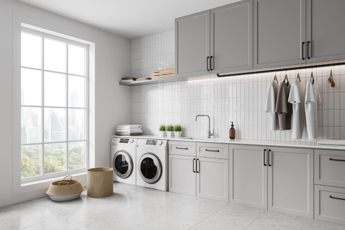 Classic Grey Laundry Cabinets with Modern Shaker Doors & Matte Finish