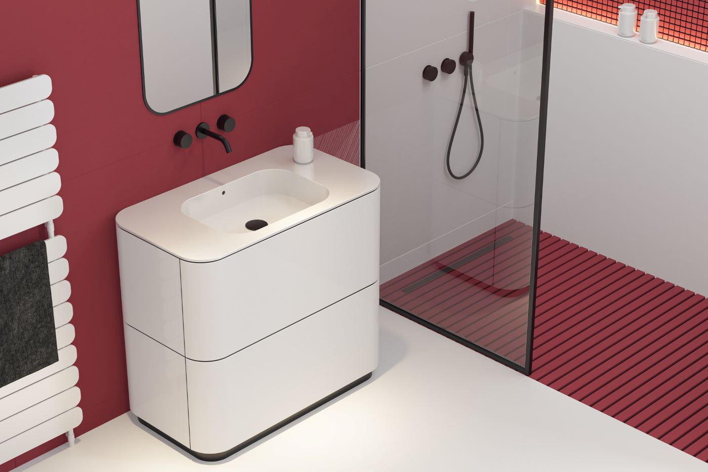 Contemporary White Floating Vanity with Soft Rounded Edges & Matte Black Accents