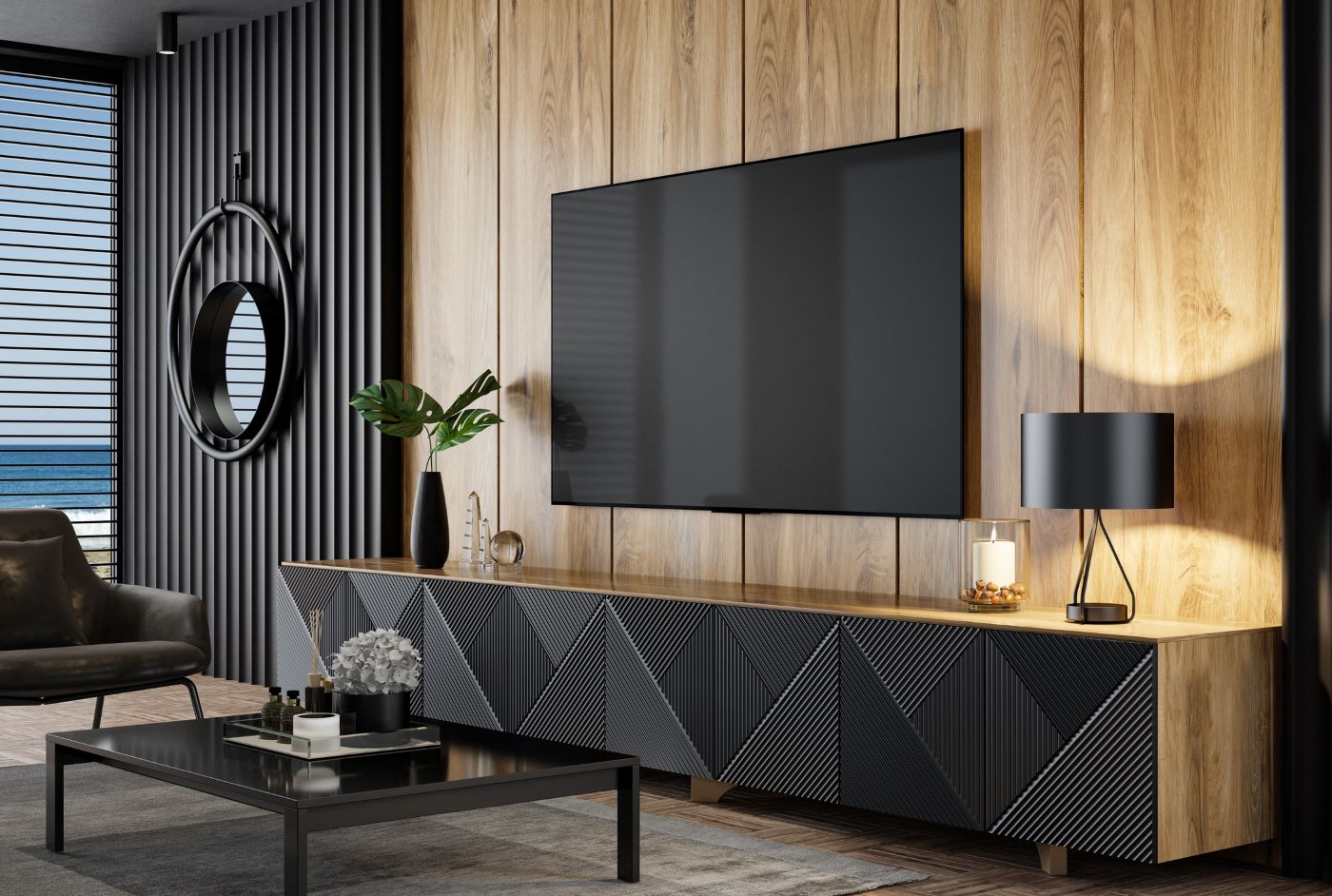 Modern Geometric TV Cabinet with Natural Wood Top & Textured 3D Doors
