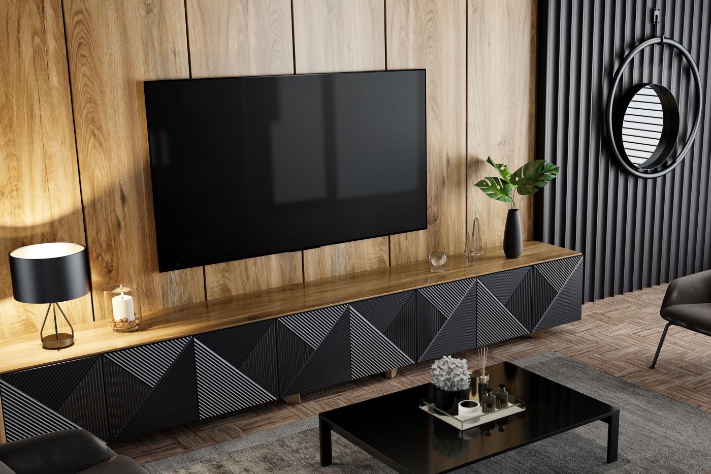 Modern Geometric TV Cabinet with Natural Wood Top & Textured 3D Doors