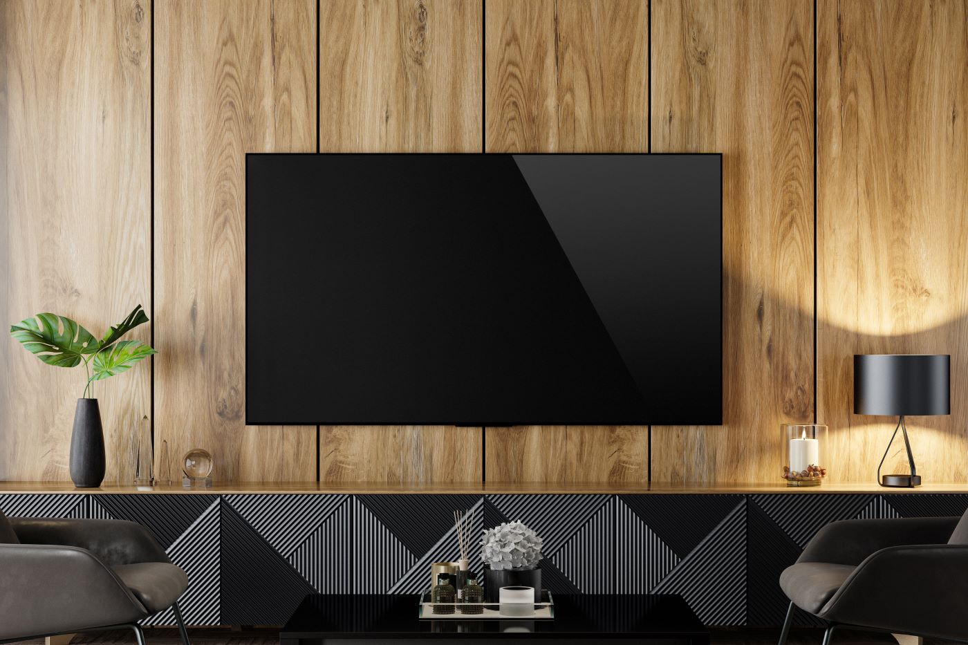 Modern Geometric TV Cabinet with Natural Wood Top & Textured 3D Doors