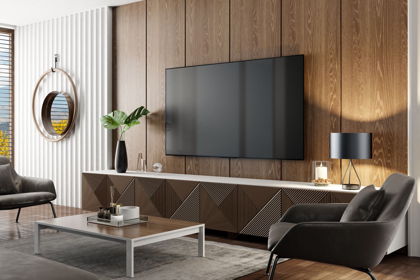 Modern Geometric TV Cabinet with Natural Wood Top & Textured 3D Doors