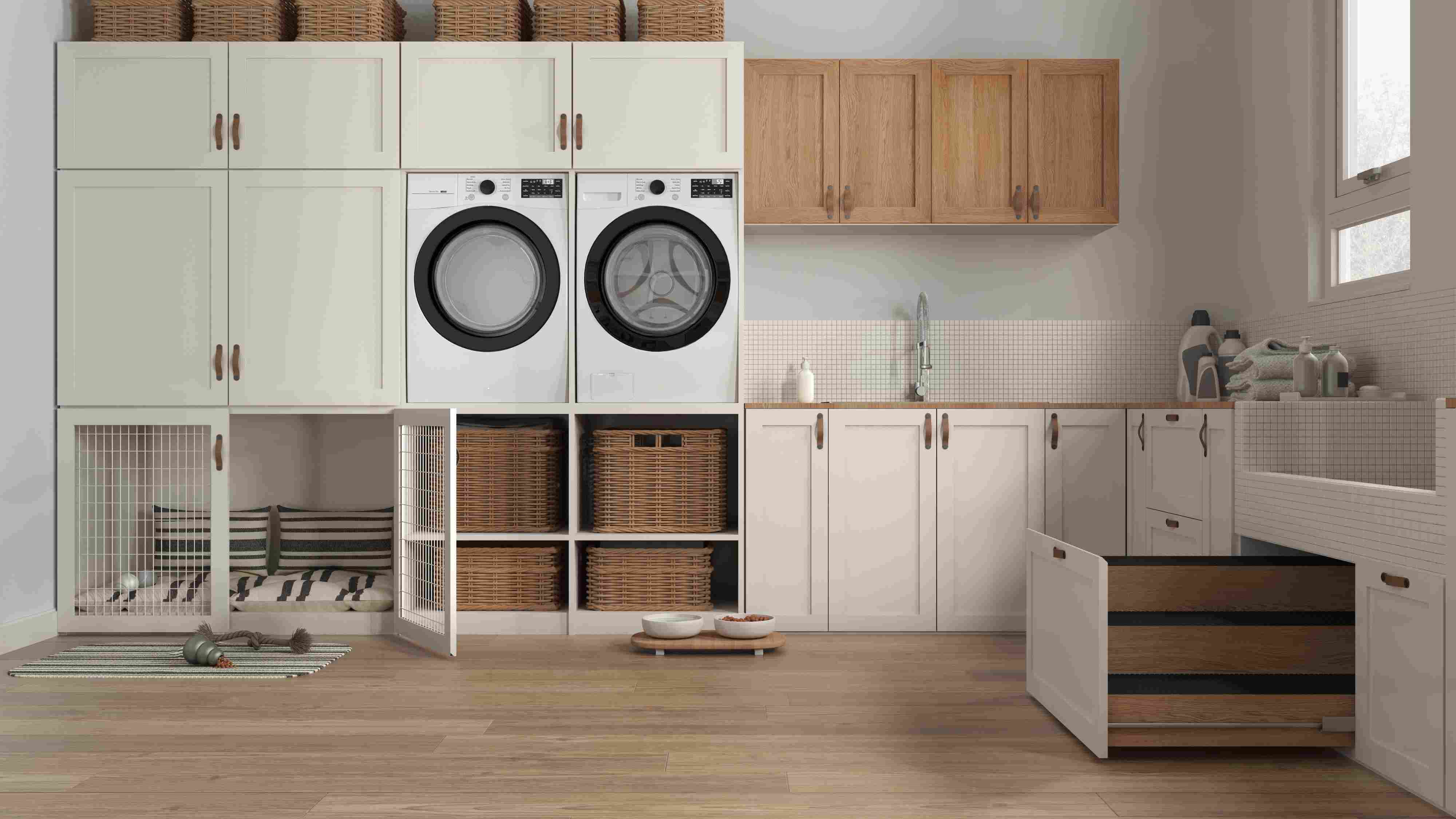 Wood-grain Matte Lacquer Washer-Dryer Combo Laundry Room